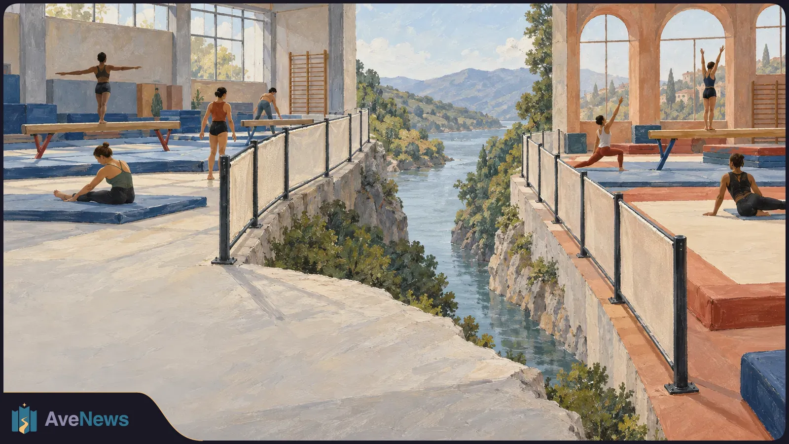Painterly scene of gymnasts practicing and stretching on mats and balance beams in two halls separated by a water-filled gorge, with mountains in the distance. SI illustration