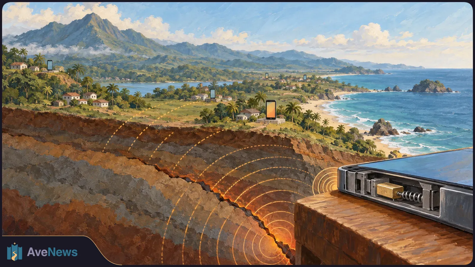 Painted coastal landscape with mountains and houses. A crack runs through the exposed earth, with golden rings spreading from it; an opened smartphone sits in front, with others in the distance. SI illustration