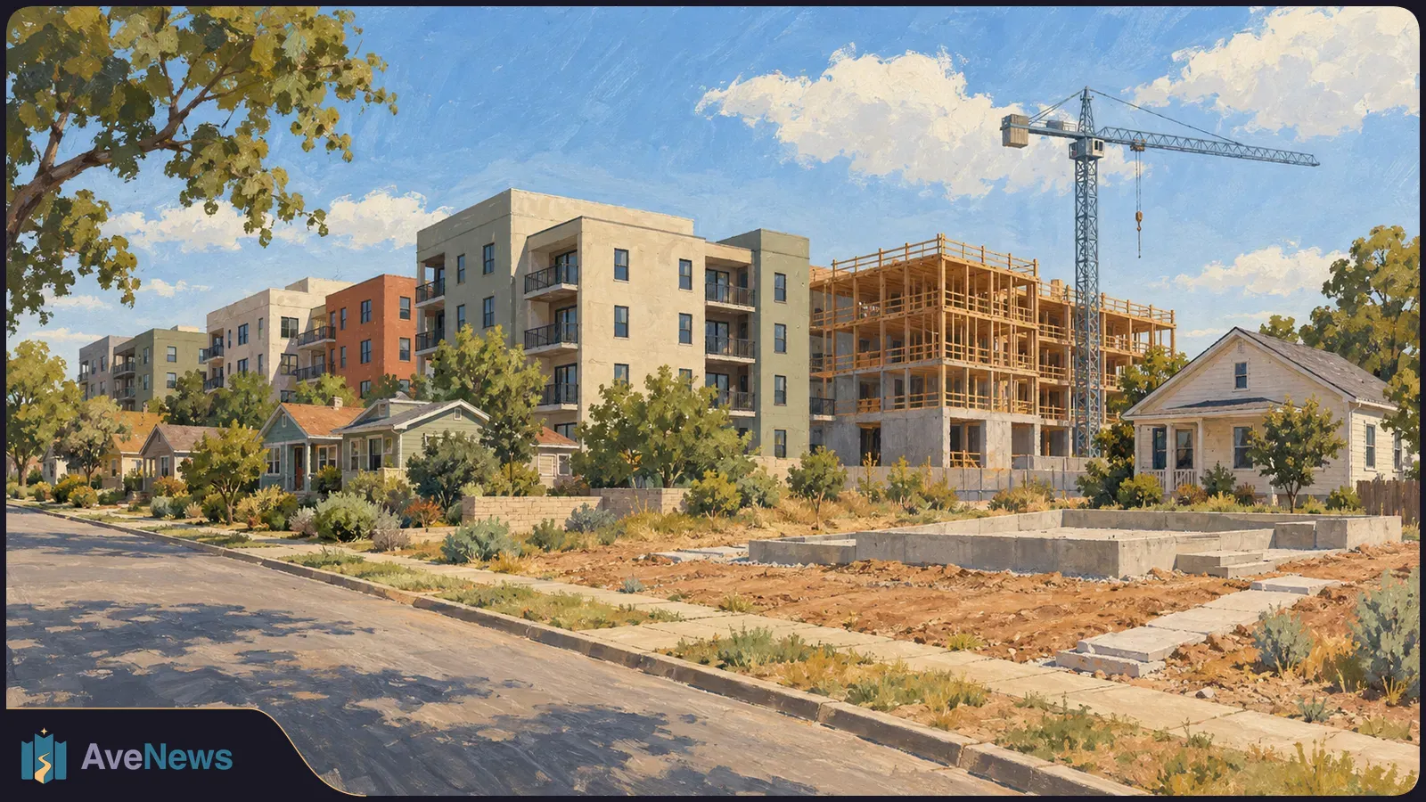 Painted neighborhood scene with houses, apartment buildings, a framed building under construction, a tower crane and an empty foundation beside the street. SI illustration