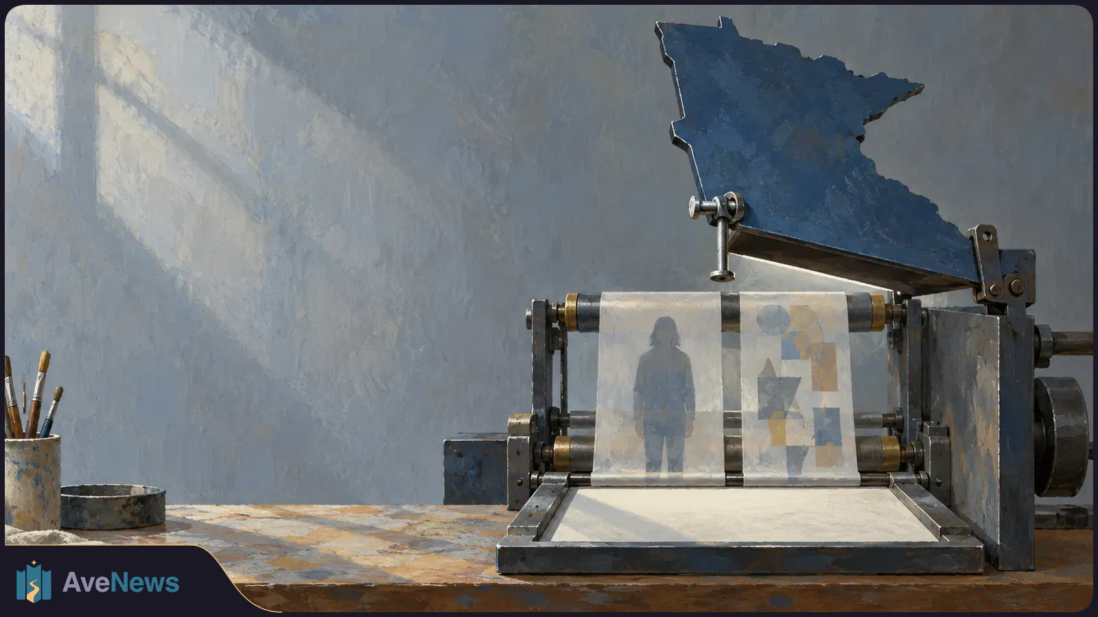 A painterly printing press feeds translucent sheets bearing a woman's silhouette and abstract shapes. Brushes and a paint tray sit on the table beside it. SI illustration