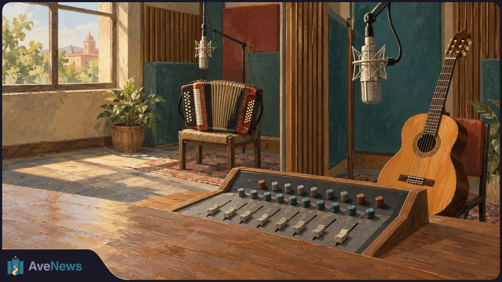 Painted recording studio with a mixing console in the foreground, an accordion on a chair, a guitar, and two hanging microphones. SI illustration