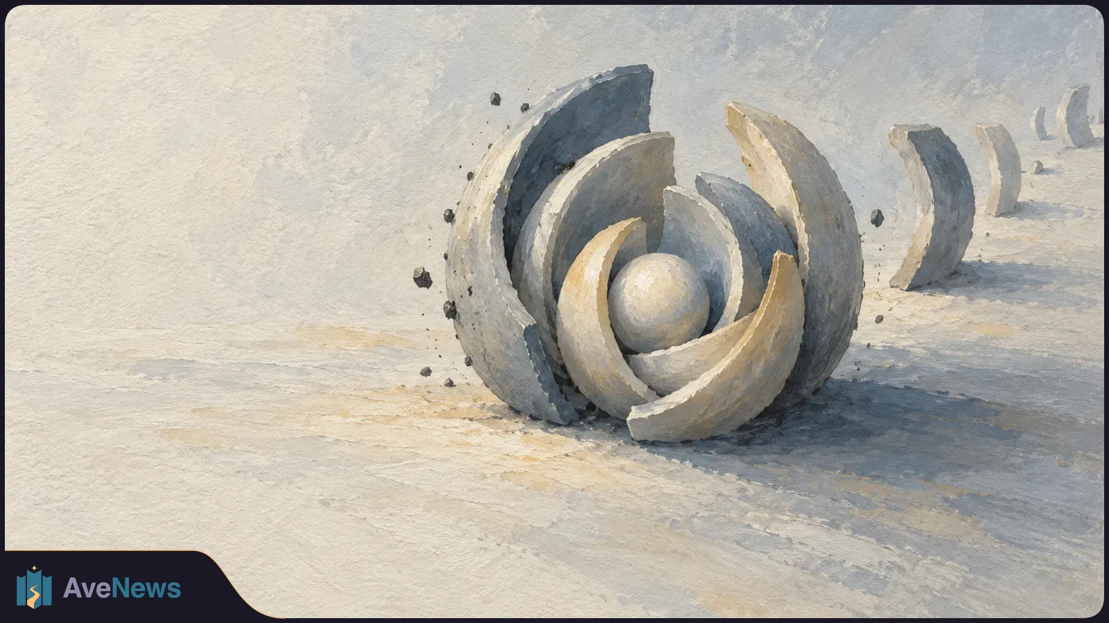 Painterly illustration of a pale sphere nested among curved gray and cream segments on a light surface, with smaller segments receding into the distance. SI illustration