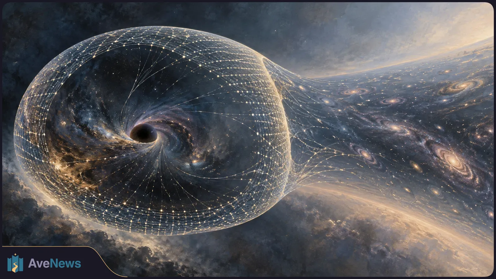 A dark central sphere bends a glowing mesh into a vast funnel, with spiral galaxies scattered across a star-filled background. SI illustration
