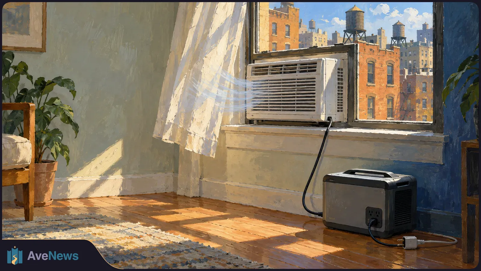 A painted sunlit room with a window air conditioner plugged into a battery on the floor. A curtain billows beside the unit, with city rooftops beyond. SI illustration