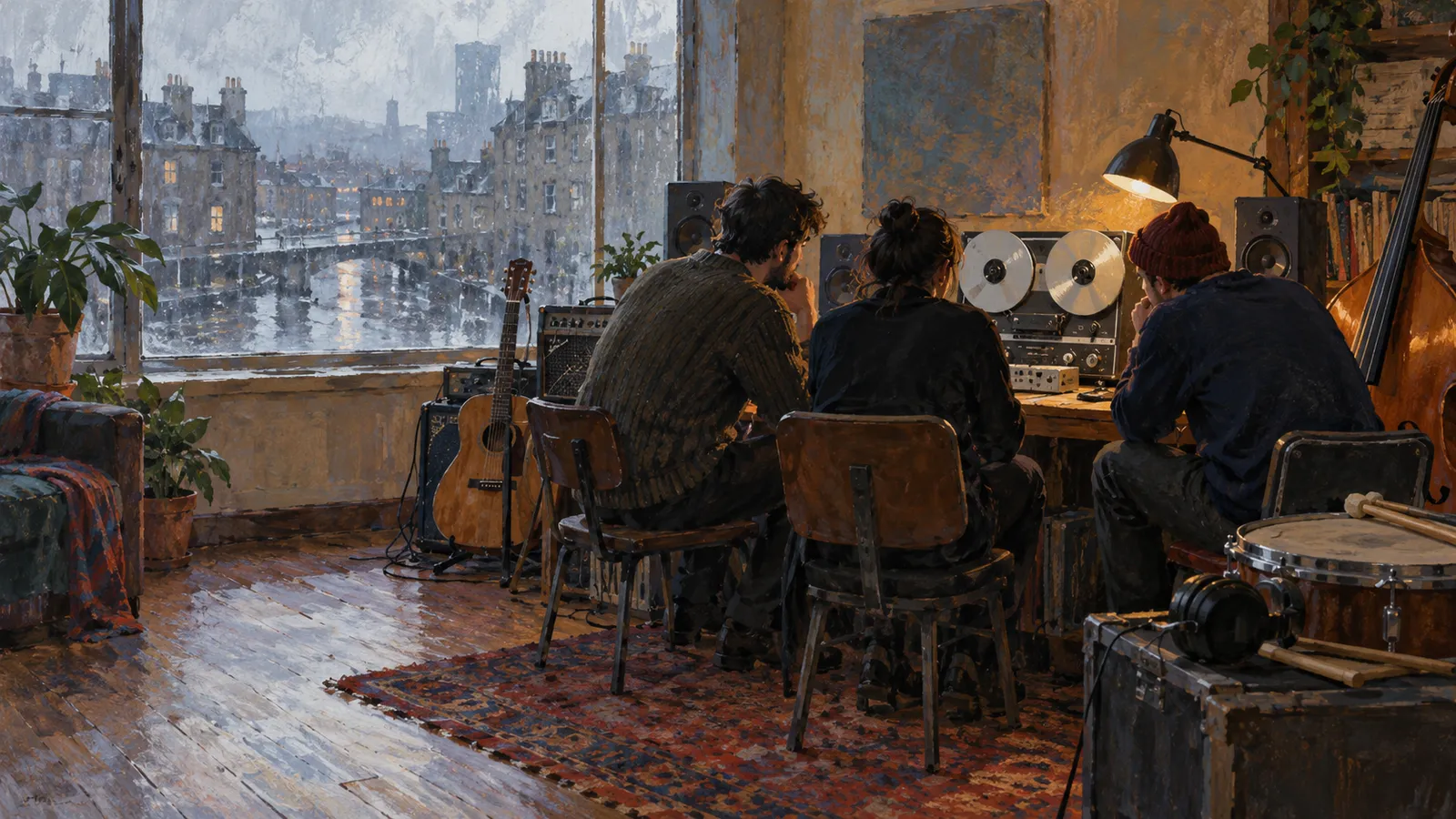 Three people sit facing a reel-to-reel recorder in a music room, surrounded by instruments; a rainy city and bridge are visible through the window. SI illustration