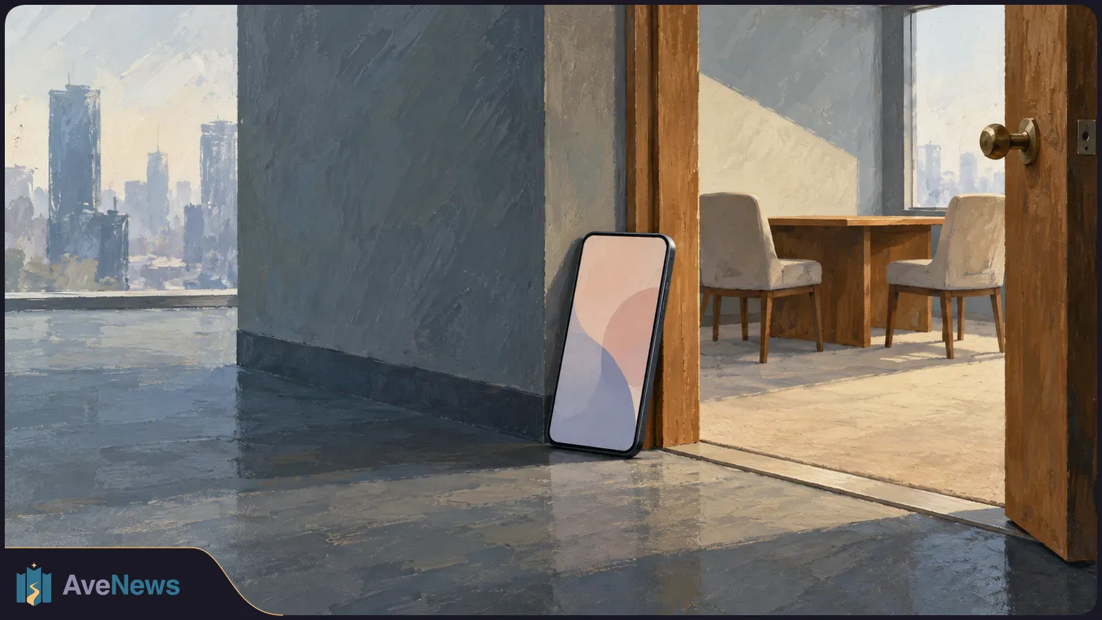 A painted smartphone with a pastel screen leans by an open doorway. A table and two chairs are inside, with a city skyline visible outside. SI illustration