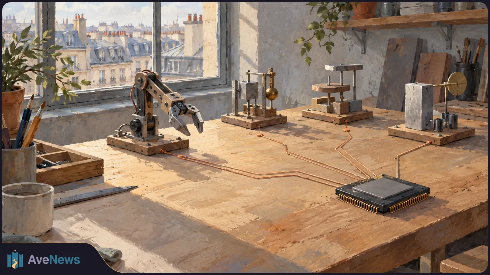 Painterly illustration of a microchip wired to a robotic arm and three small mechanisms on a wooden workbench, with city rooftops visible through a window. SI illustration