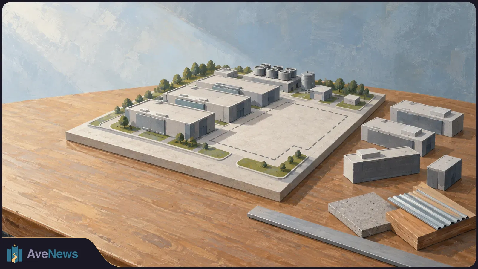 A model of an industrial complex with rooftop cooling units sits on a wooden table beside loose building pieces and construction materials. SI illustration
