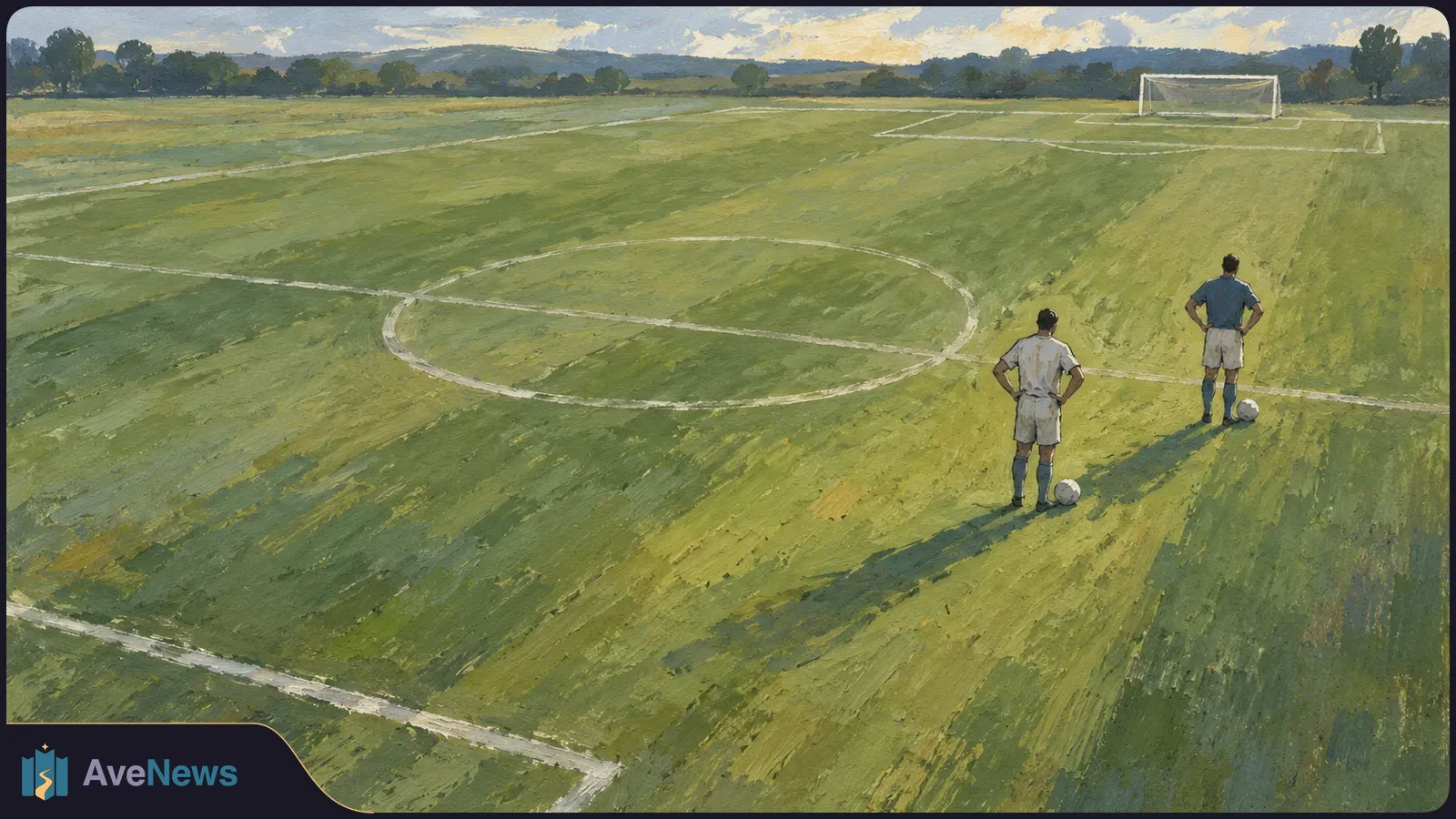 Painting of two players seen from behind, each beside a soccer ball on a wide green field, with a goal and trees in the distance. SI illustration