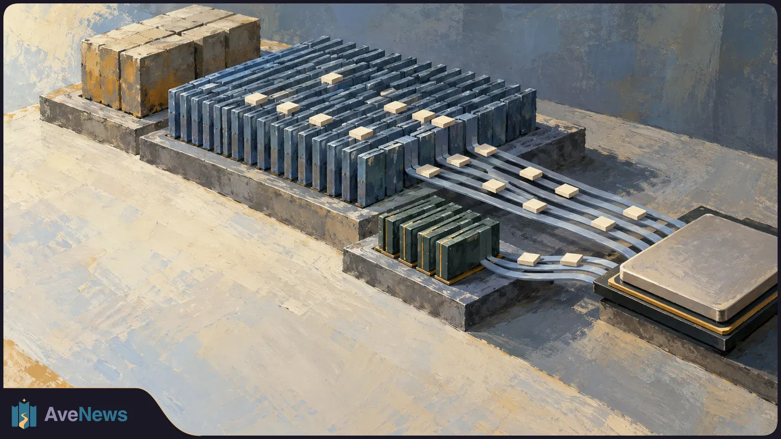 Painted groups of storage-like blocks sit beside parallel metallic paths leading to a square chip; small pale tiles rest along the paths. SI illustration