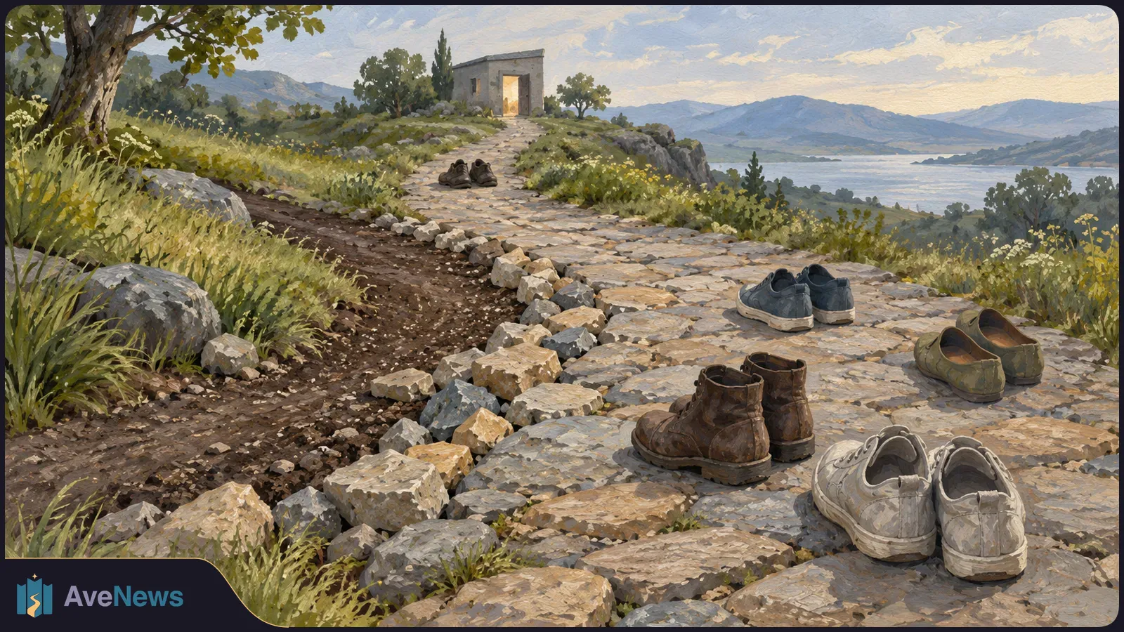 Painted landscape with several pairs of shoes and boots left along a stone path leading to a small building, with trees, a lake and mountains beyond. SI illustration