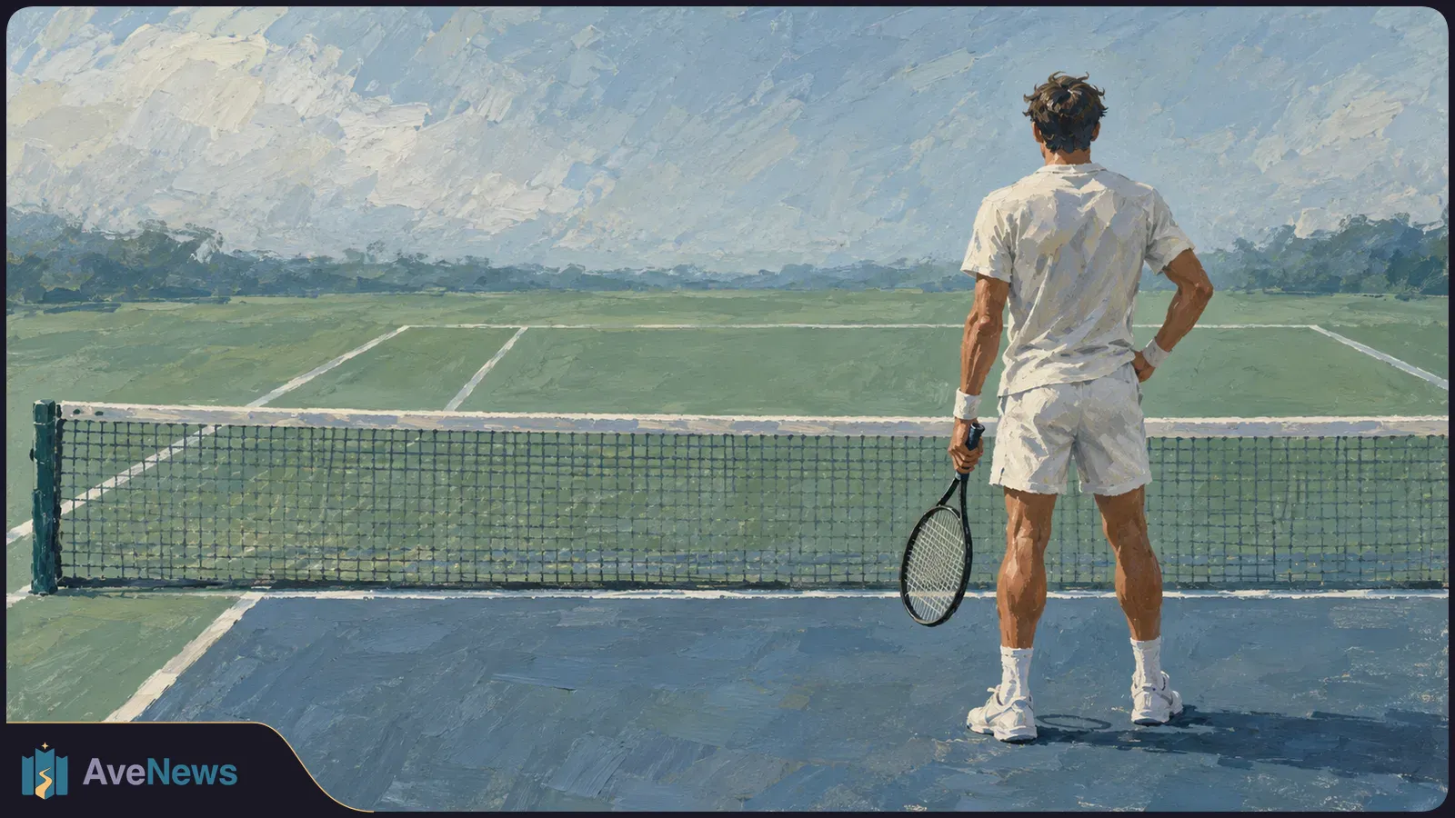 Painterly illustration of a tennis player in white, seen from behind holding a racket beside the net on an outdoor court. SI illustration