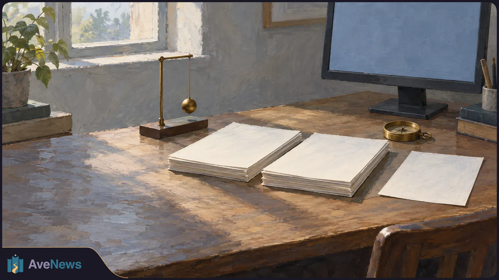 Painted desk by a window with blank paper stacks, a hanging brass pendulum, a compass and a blank computer monitor. SI illustration