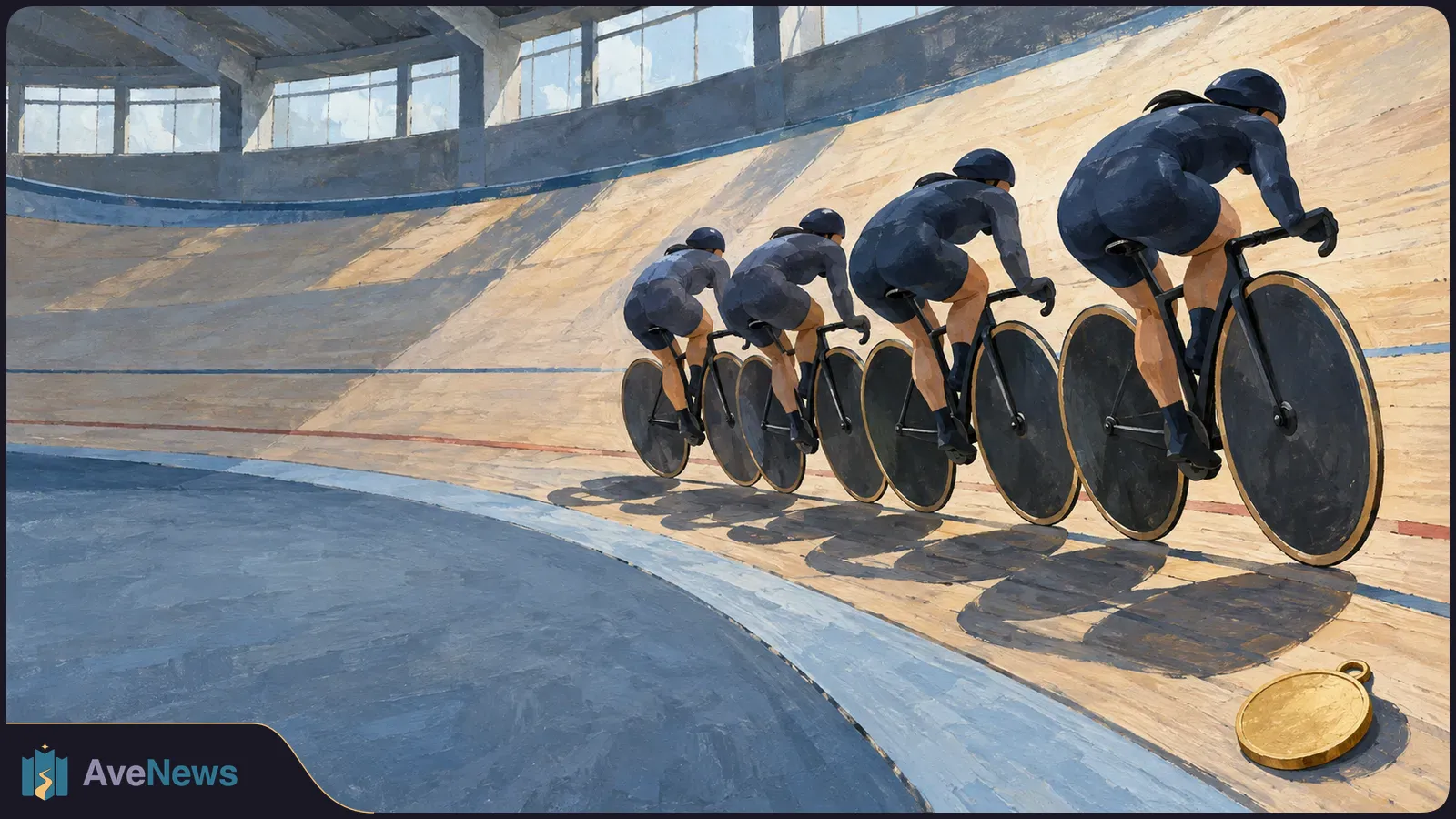 Four helmeted cyclists ride in a line around a banked indoor track; a gold medal lies in the foreground. SI illustration