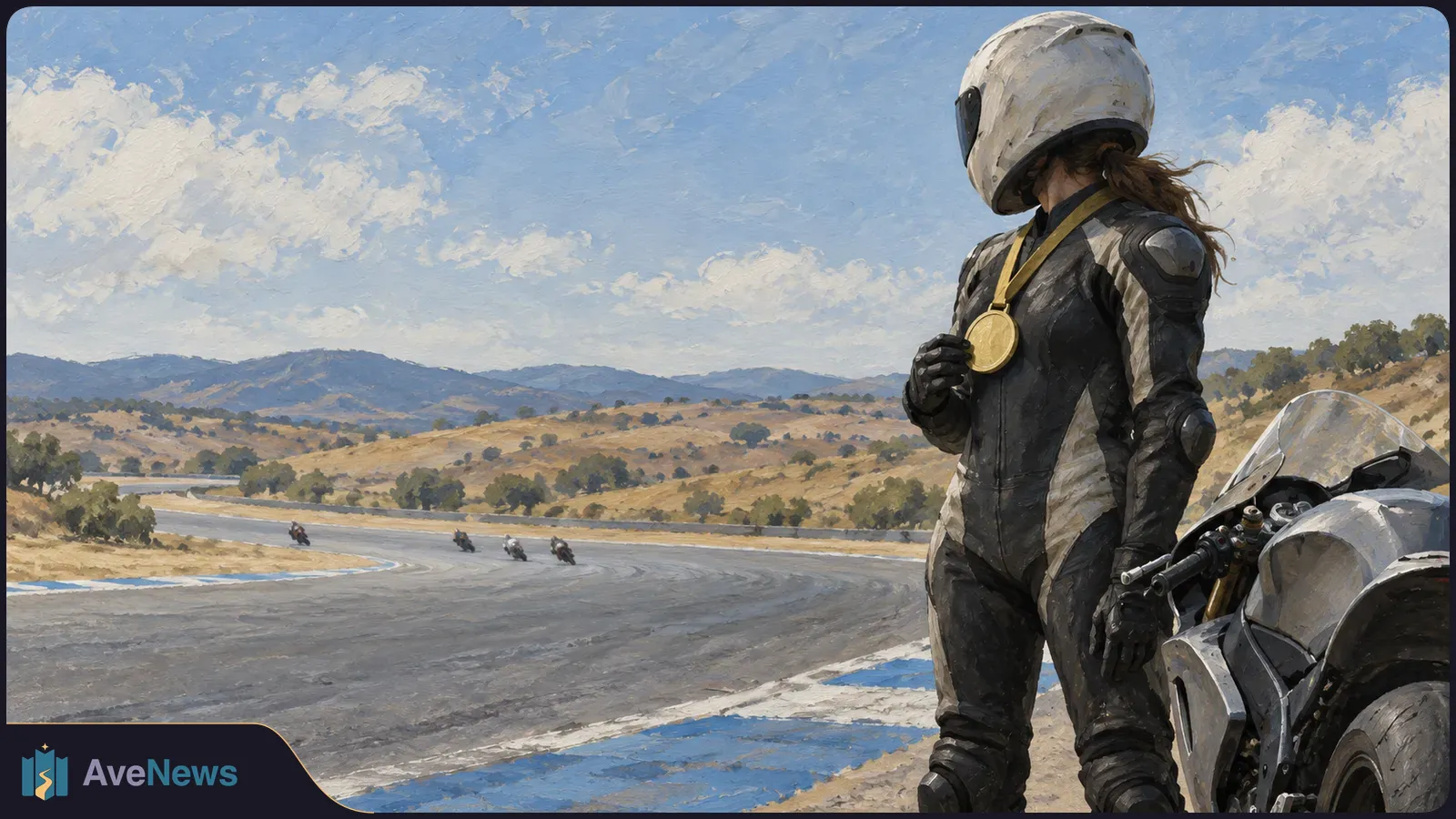 Painterly illustration of a helmeted motorcyclist wearing a gold medal beside a racing bike, with four riders rounding a track bend in the distance. SI illustration