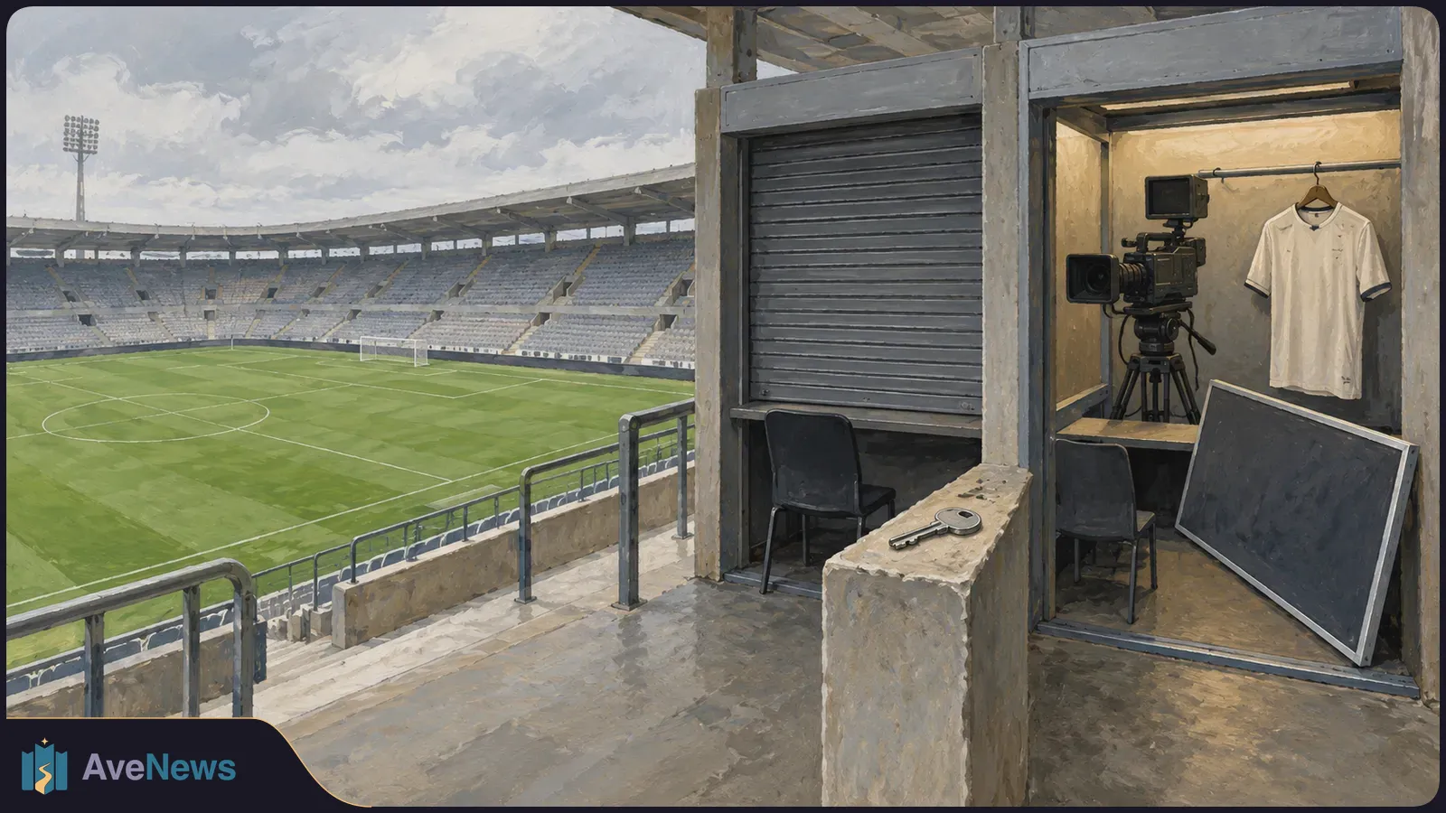 Painted view of an empty football stadium beside two booths. One holds a video camera and a hanging white jersey; a key rests on a ledge near a dark screen. SI illustration