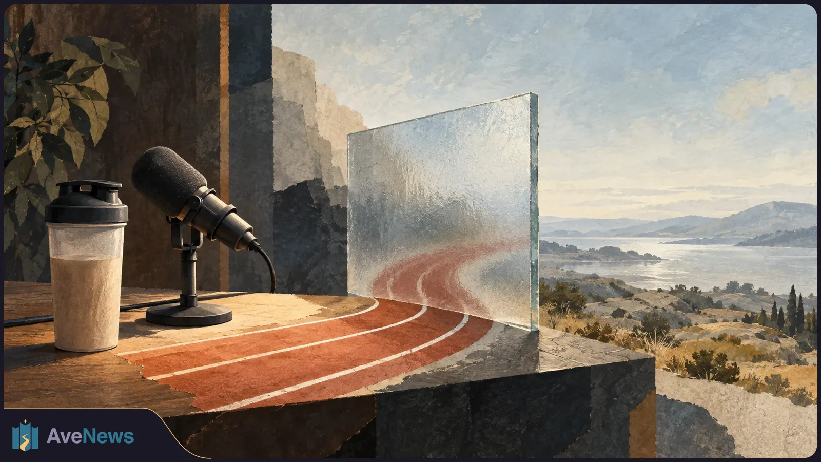 A desk microphone and lidded drink cup sit beside a running track that curves toward a frosted glass panel, with a lake and hills beyond. SI illustration