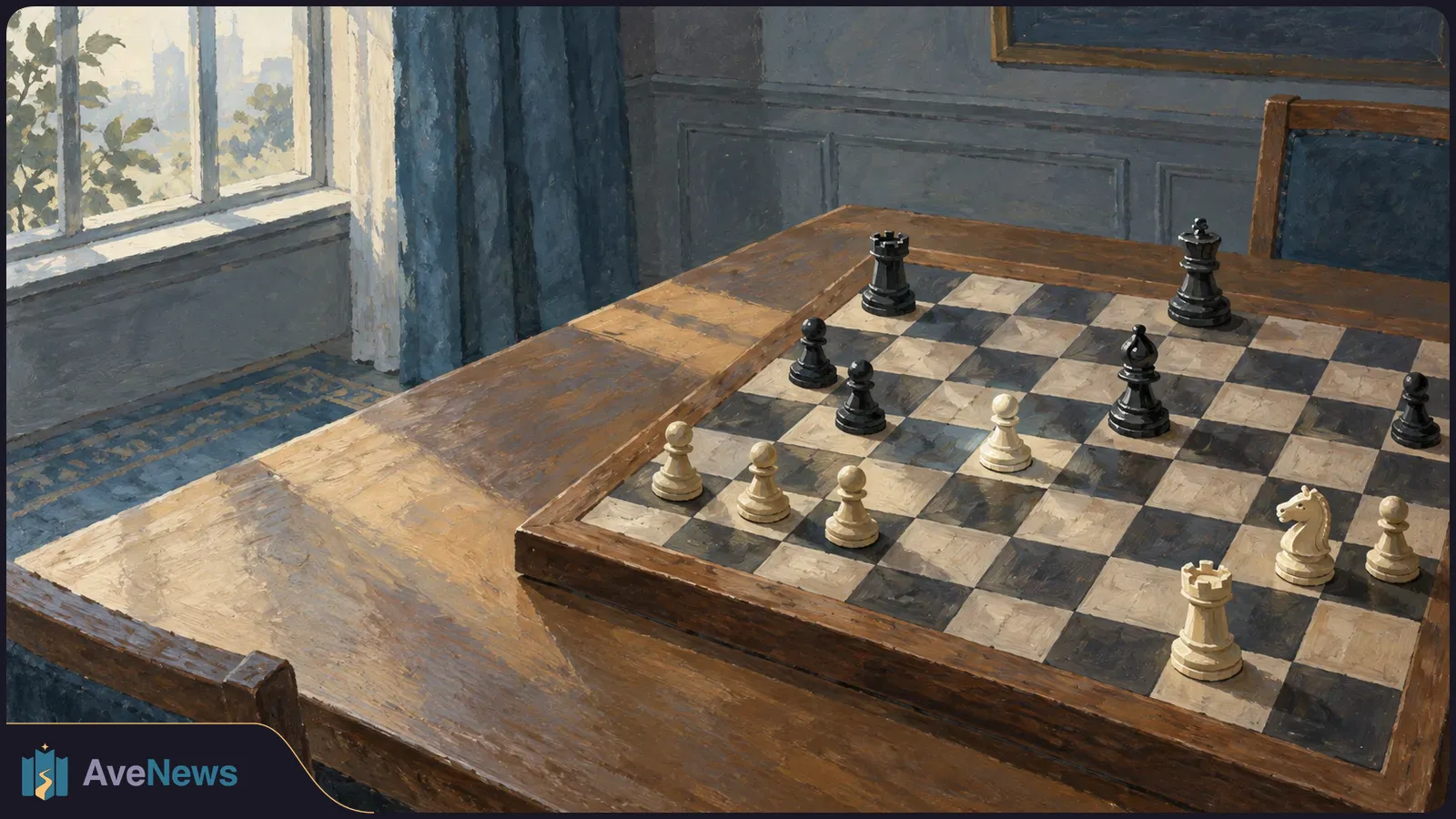 Painted chessboard with scattered black and white pieces on a wooden table beside a sunlit window. SI illustration