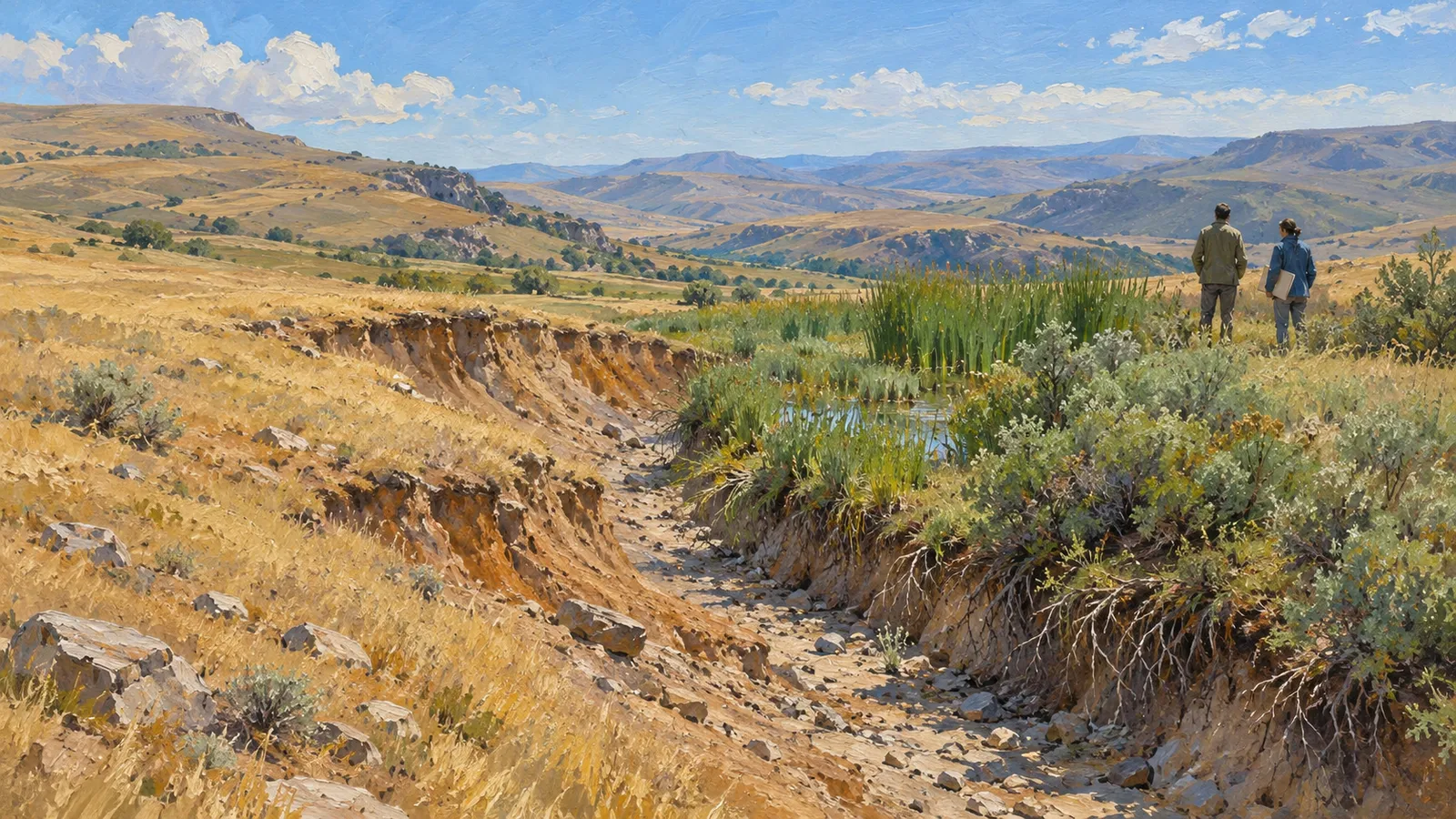 A painted landscape shows a rocky, dry gully beside a reed-filled pool, with two people overlooking golden hills and distant mountains. SI illustration