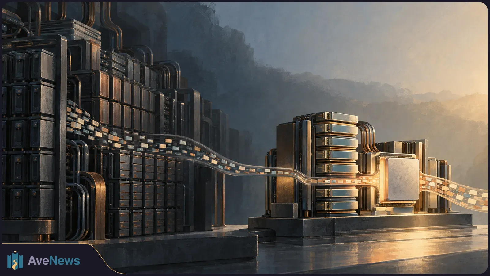 A glowing ribbon of small tiles runs from tall, dark server racks to a chip and smaller hardware cluster on the right. SI illustration