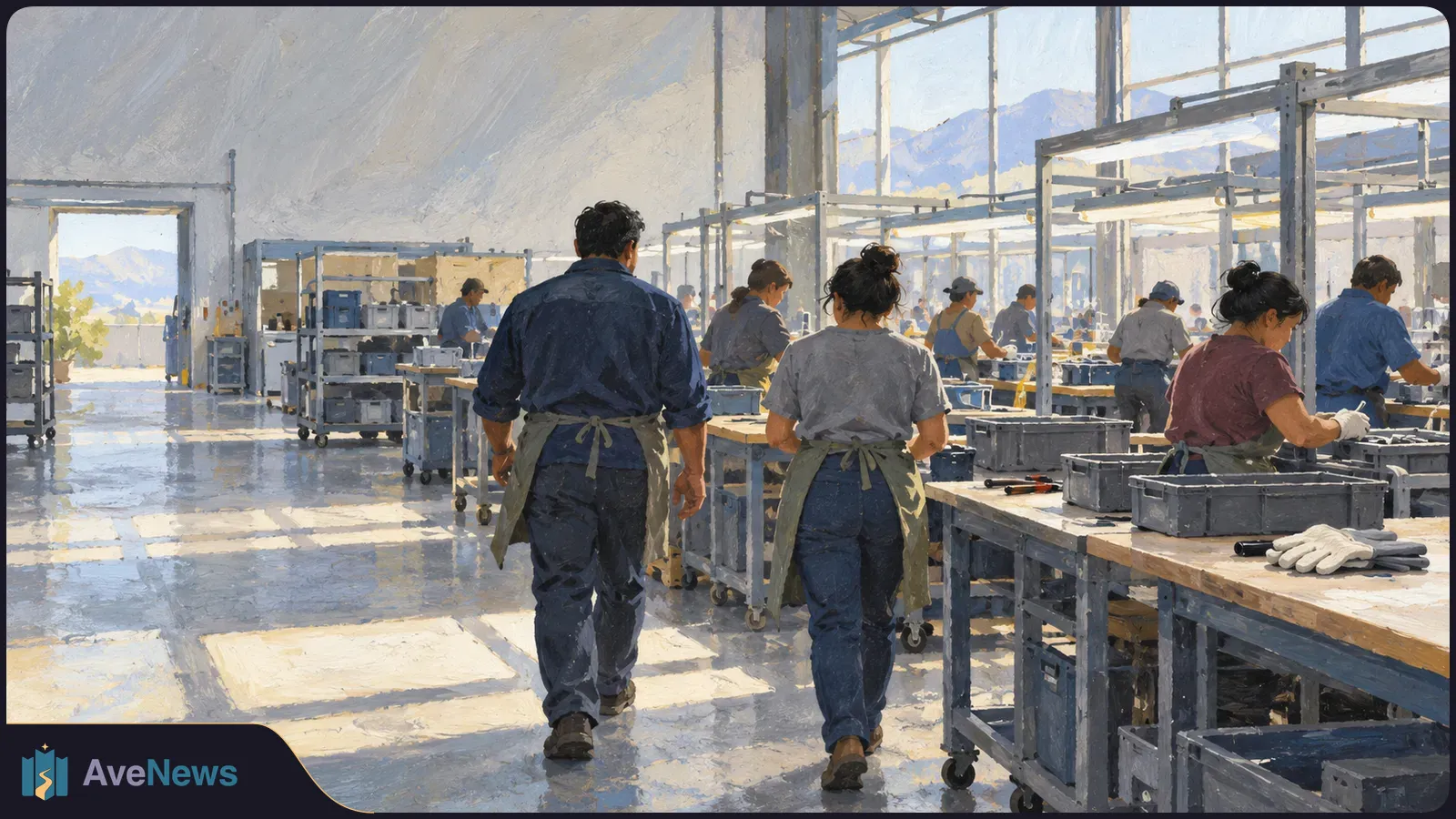 Illustration of workers at tables in a bright factory, with bins and equipment around them and mountains visible through the windows. SI illustration
