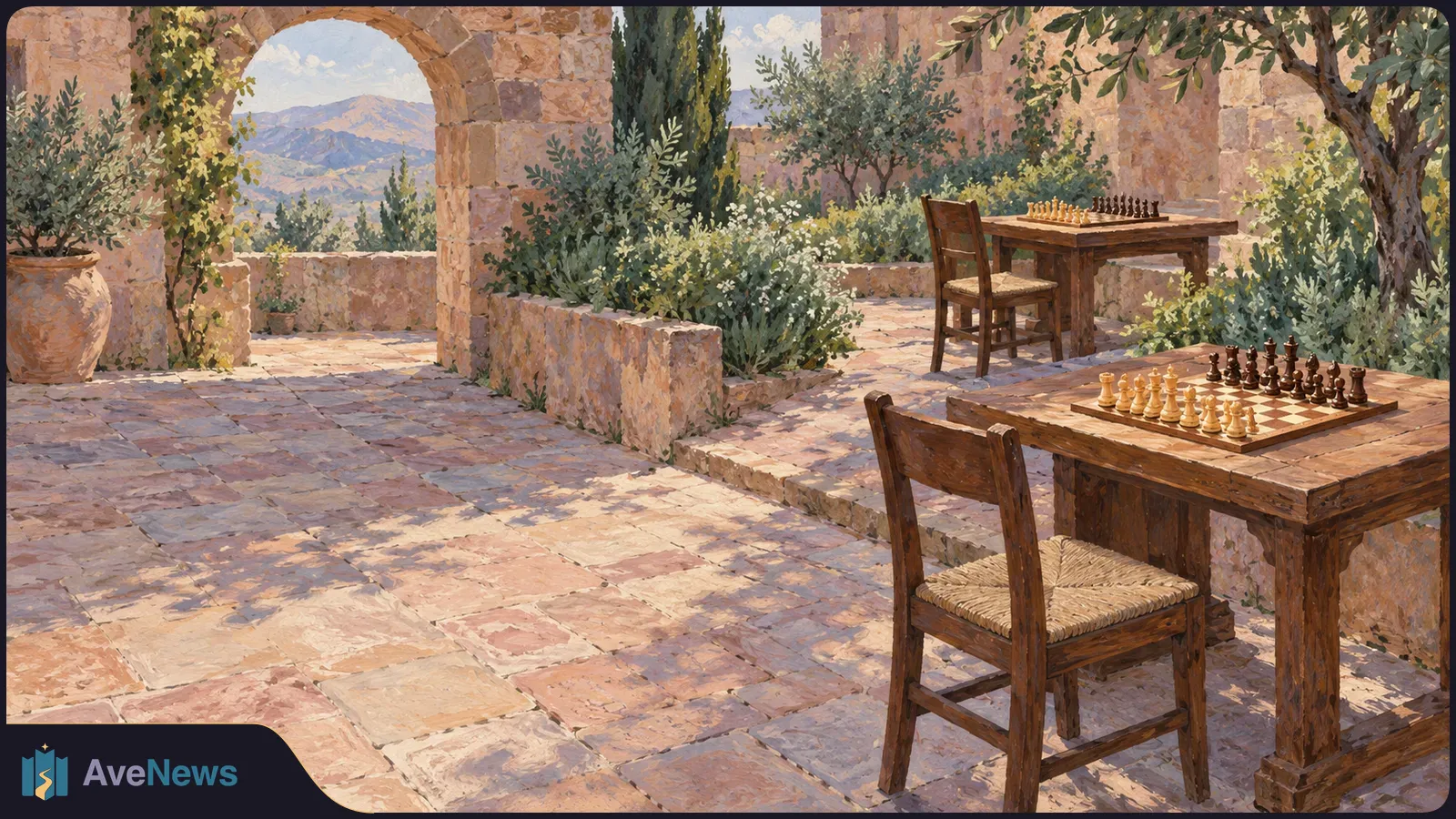 Two chessboards sit on wooden tables in a sunlit stone courtyard. A chair stands by the nearer table, with trees and mountains beyond a stone arch. SI illustration