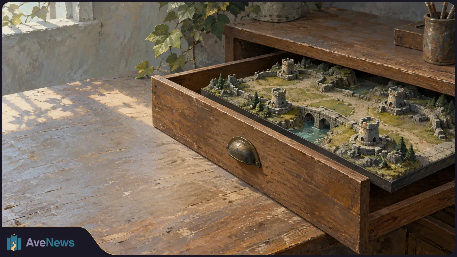 An open wooden drawer holds a miniature fantasy landscape with stone towers, paths and a bridge over water, on a sunlit worktable. SI illustration