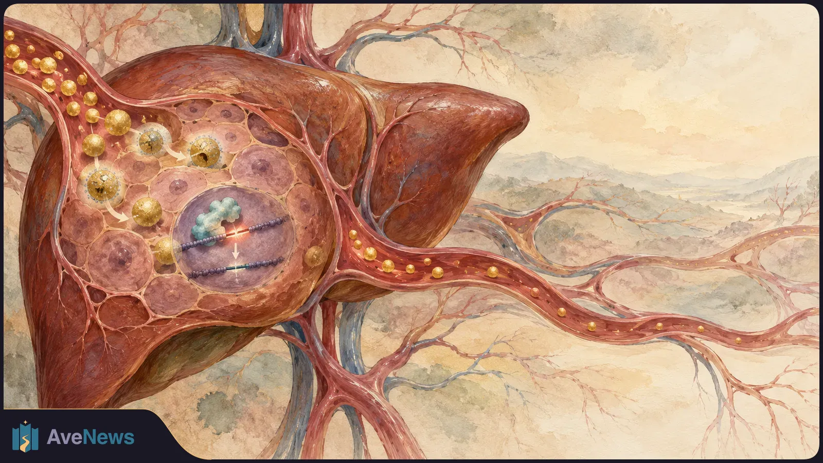 Illustrated liver with branching blood vessels and yellow particles; a cutaway shows cells and a stylized molecular strand. SI illustration