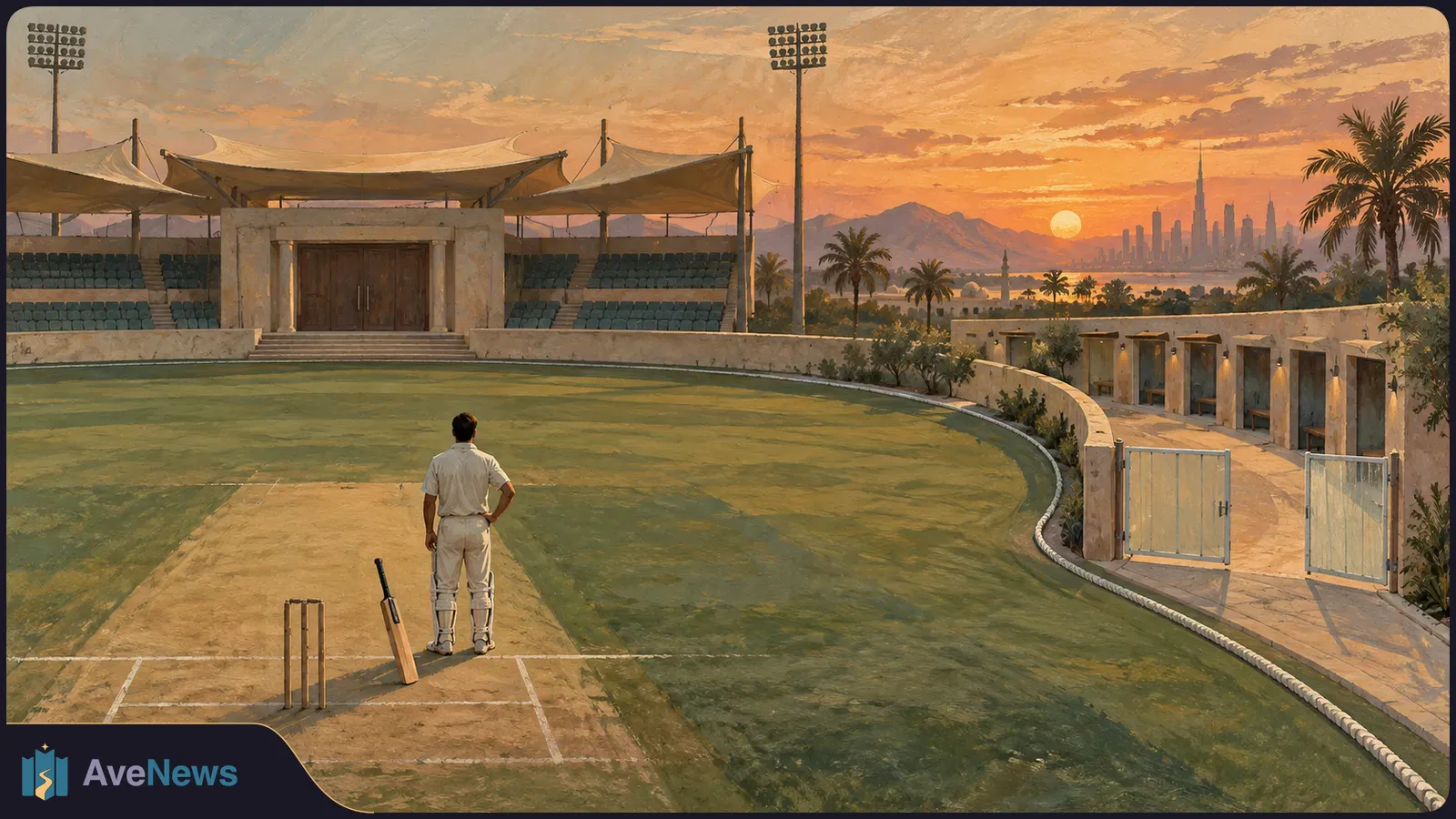 Illustration of a lone cricketer beside a bat and wicket on an empty ground, with covered stands and a distant city skyline at sunset. SI illustration
