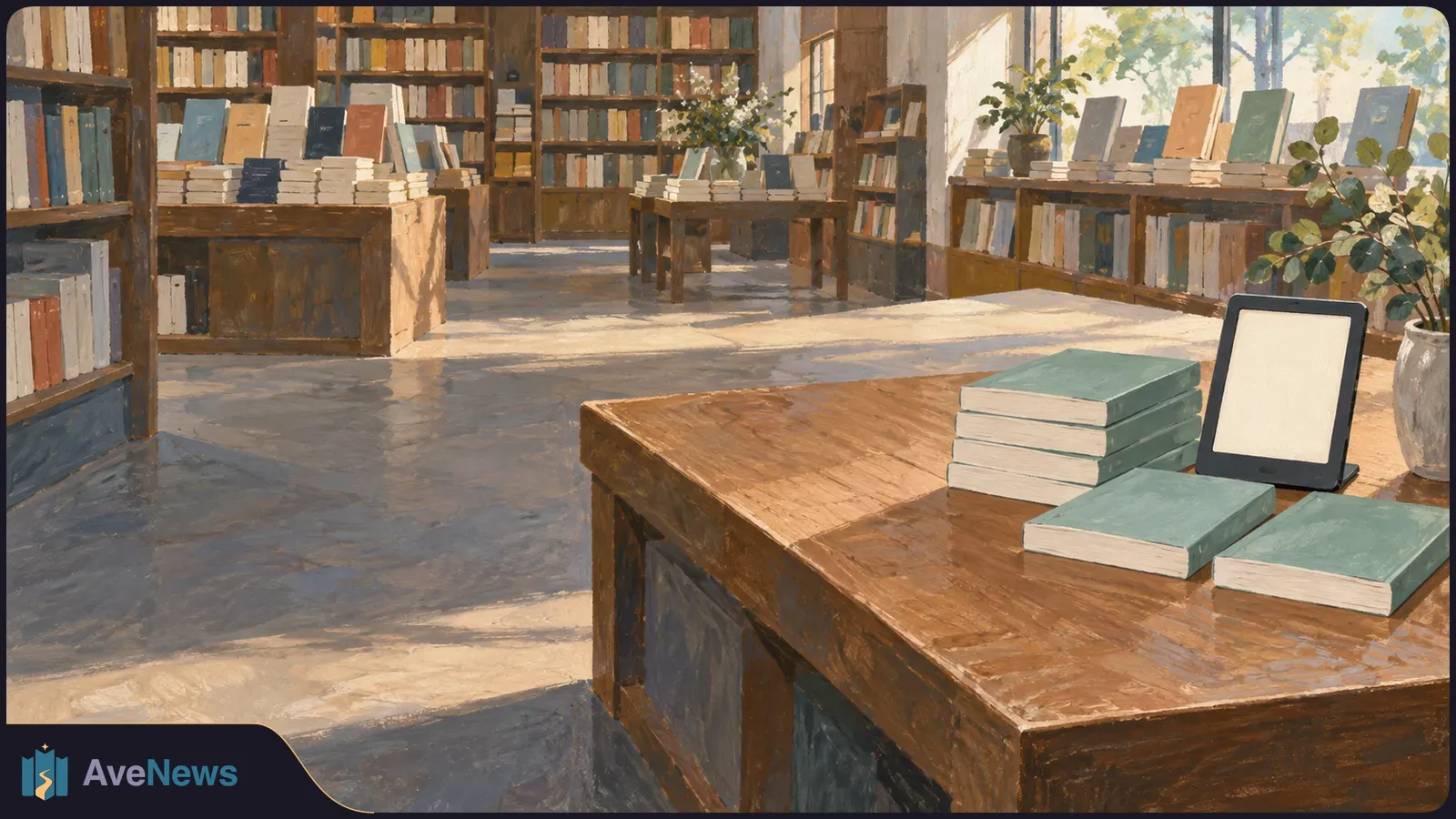 Painted bookstore interior with shelves and display tables of books. In the foreground, green-covered books sit beside a blank e-reader in warm window light. SI illustration