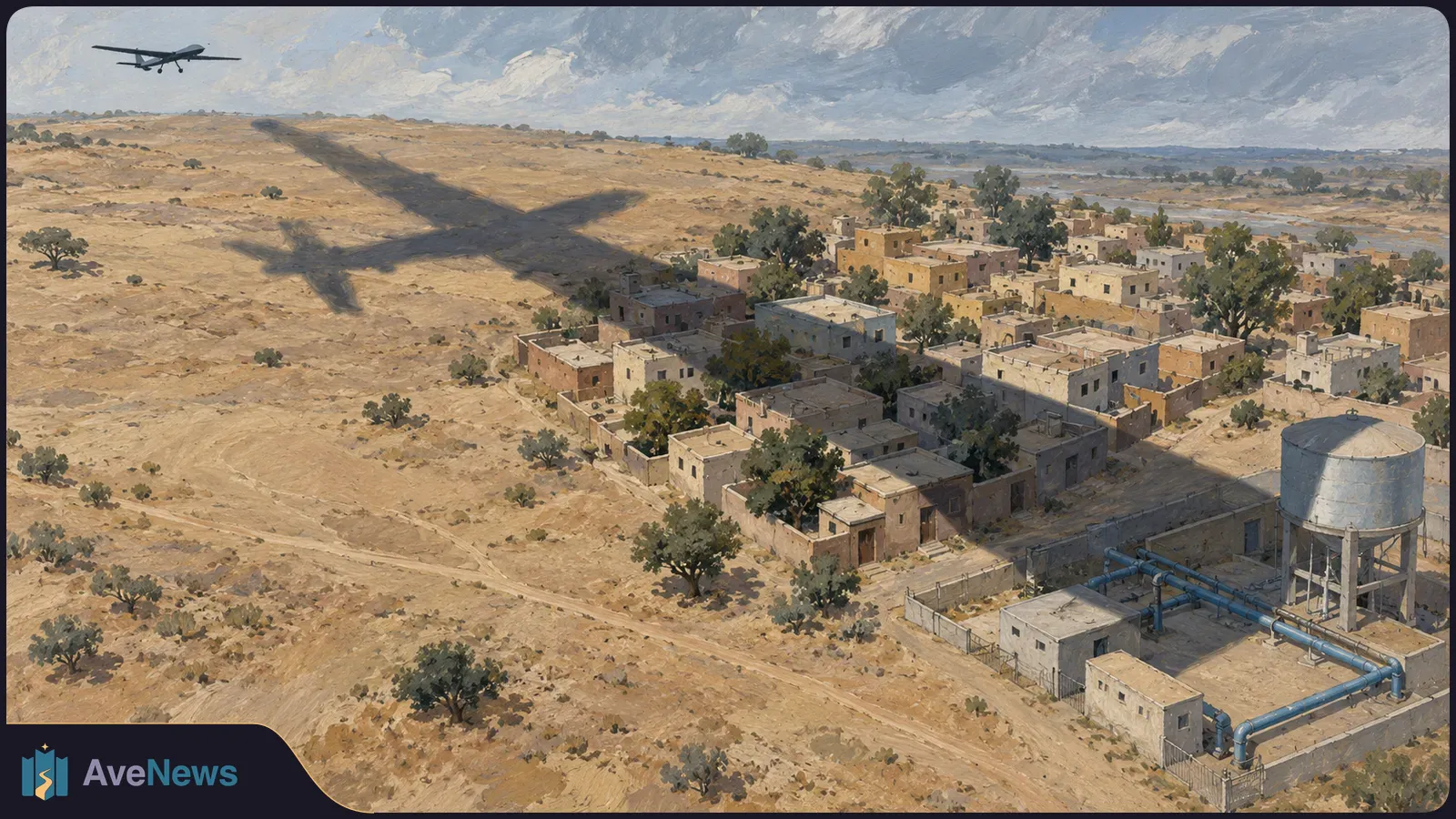 Painted aerial view of a drone above a dry landscape, its shadow stretching toward a village of flat-roofed buildings; a water tower and pipes stand in the foreground. SI illustration