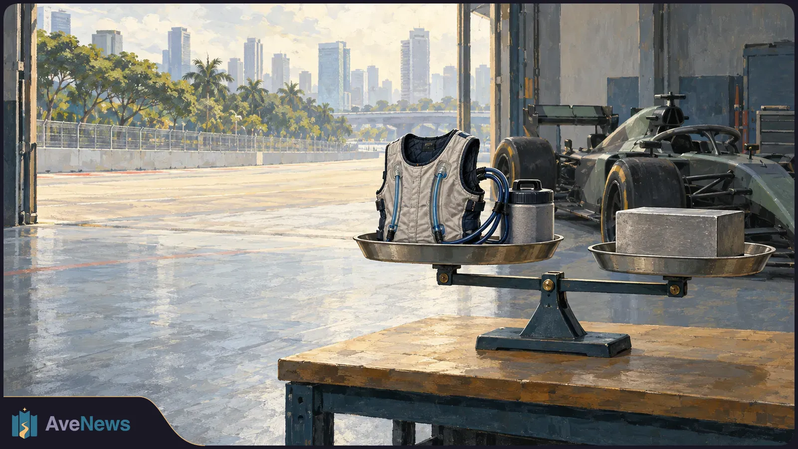 A painted pit garage scene shows a cooling vest and canister balanced against a metal block, with an open-wheel race car and palm-lined track behind them. SI illustration