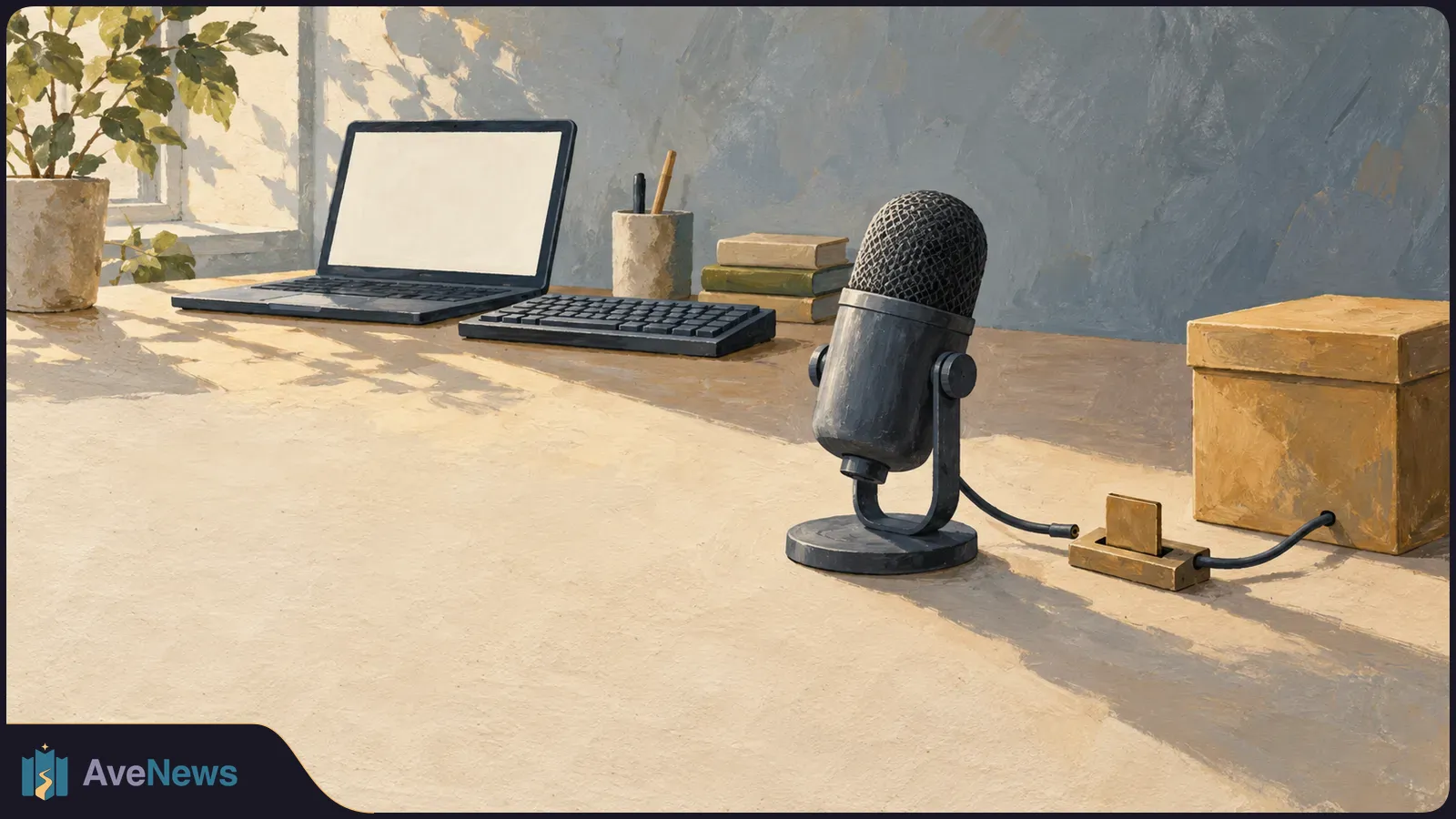Painted desk scene with a blank-screen laptop, keyboard and black microphone. Its loose cable lies beside a small switch connected to a cardboard box. SI illustration