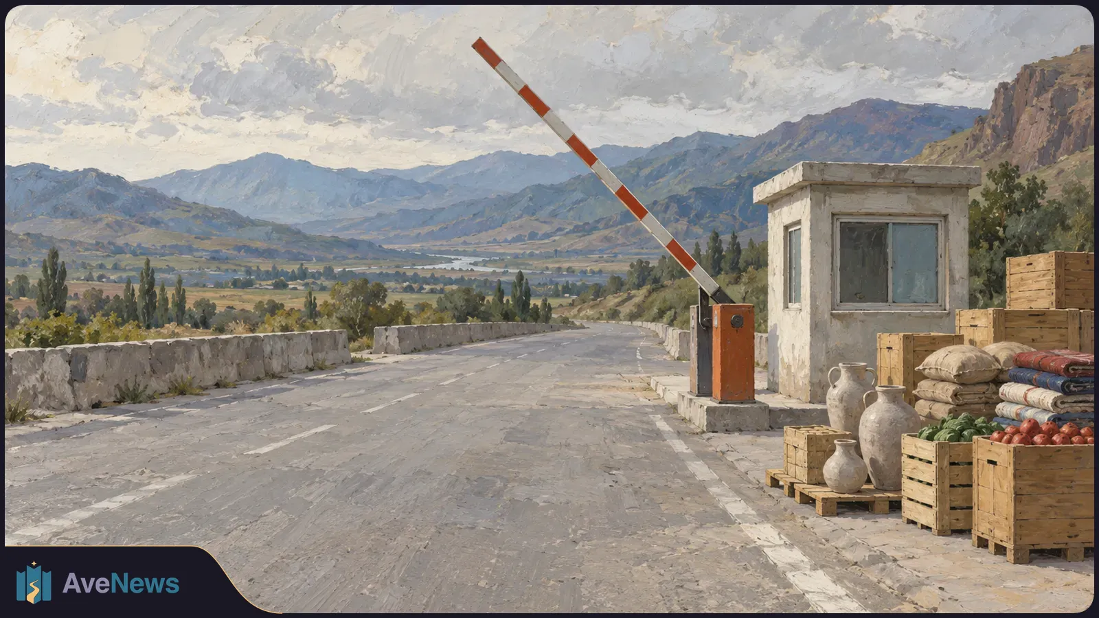 Painted mountain road beside a checkpoint hut with a raised striped barrier; crates of produce, folded rugs, sacks and clay jars sit by the roadside. SI illustration