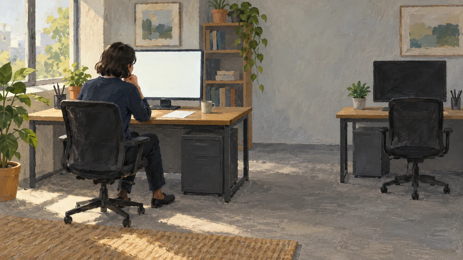 A painted office scene shows a person seated at a desk facing a bright screen, with an empty workstation, plants and a bookshelf nearby. SI illustration