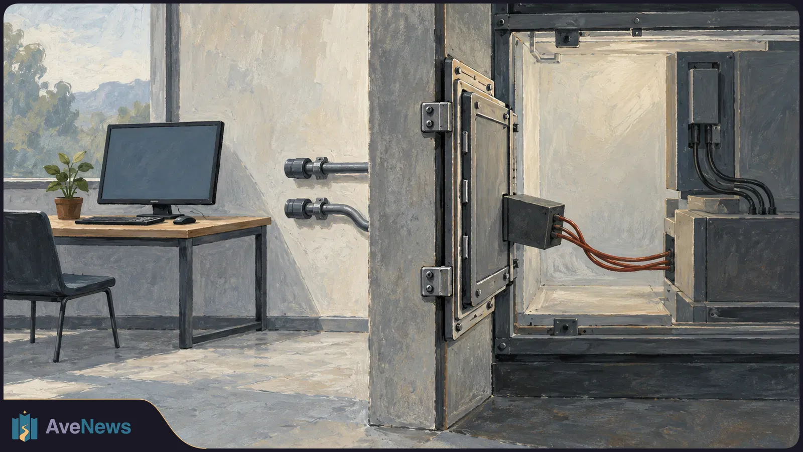 Painterly illustration of a desk with a blank computer screen beside an open metal chamber containing electrical boxes and cables. SI illustration