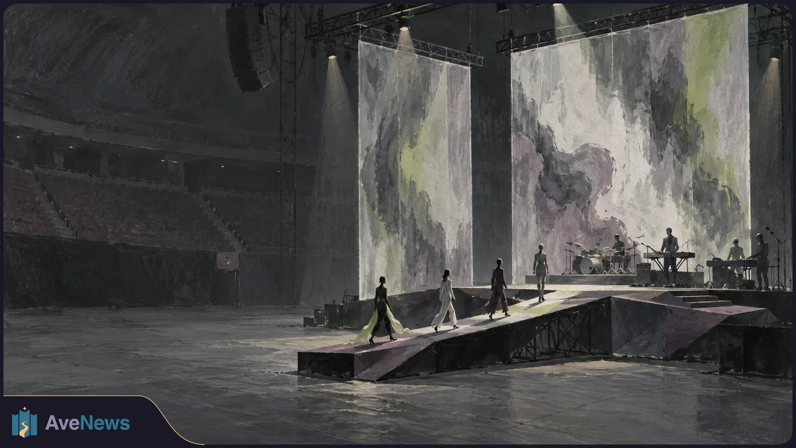 Four figures walk a runway toward a band on an arena stage, with towering abstract backdrops and empty seats in shadow. SI illustration