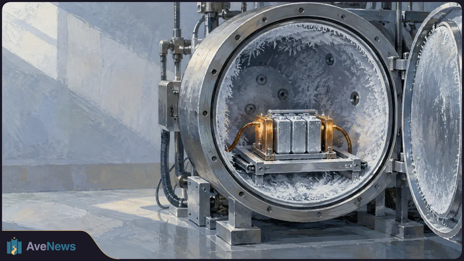 Painted illustration of three metal battery cells inside a frost-covered circular chamber with its door open; warm orange light glows beside the cells. SI illustration
