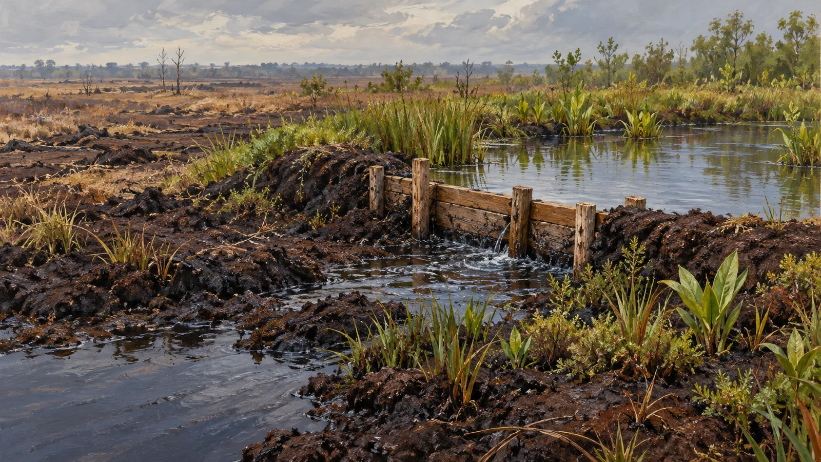 A wooden barrier crosses a stream flowing from a pond through dark, muddy ground, with grasses and trees beneath a cloudy sky. SI illustration