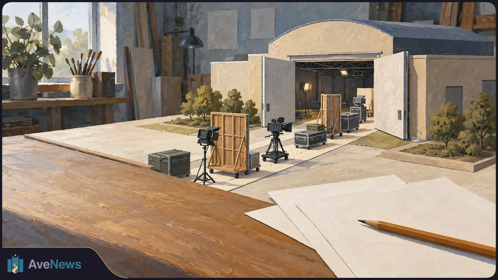 Painted scene of a miniature film studio with cameras, lights and equipment cases on a worktable; blank papers and a pencil lie in the foreground. SI illustration