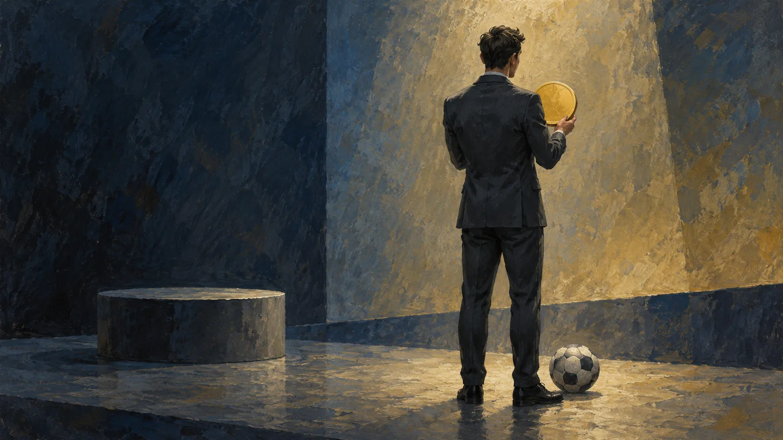 A painted scene shows a man in a dark suit from behind, holding a gold disc. A football rests by his feet, and an empty round pedestal stands to his left. SI illustration