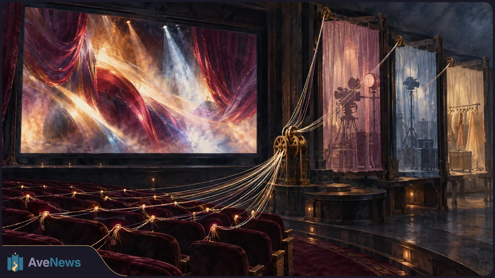 Illustrated theater with red seats facing a glowing curtained screen. Lit cords lead to backstage areas with film cameras and hanging costumes. SI illustration