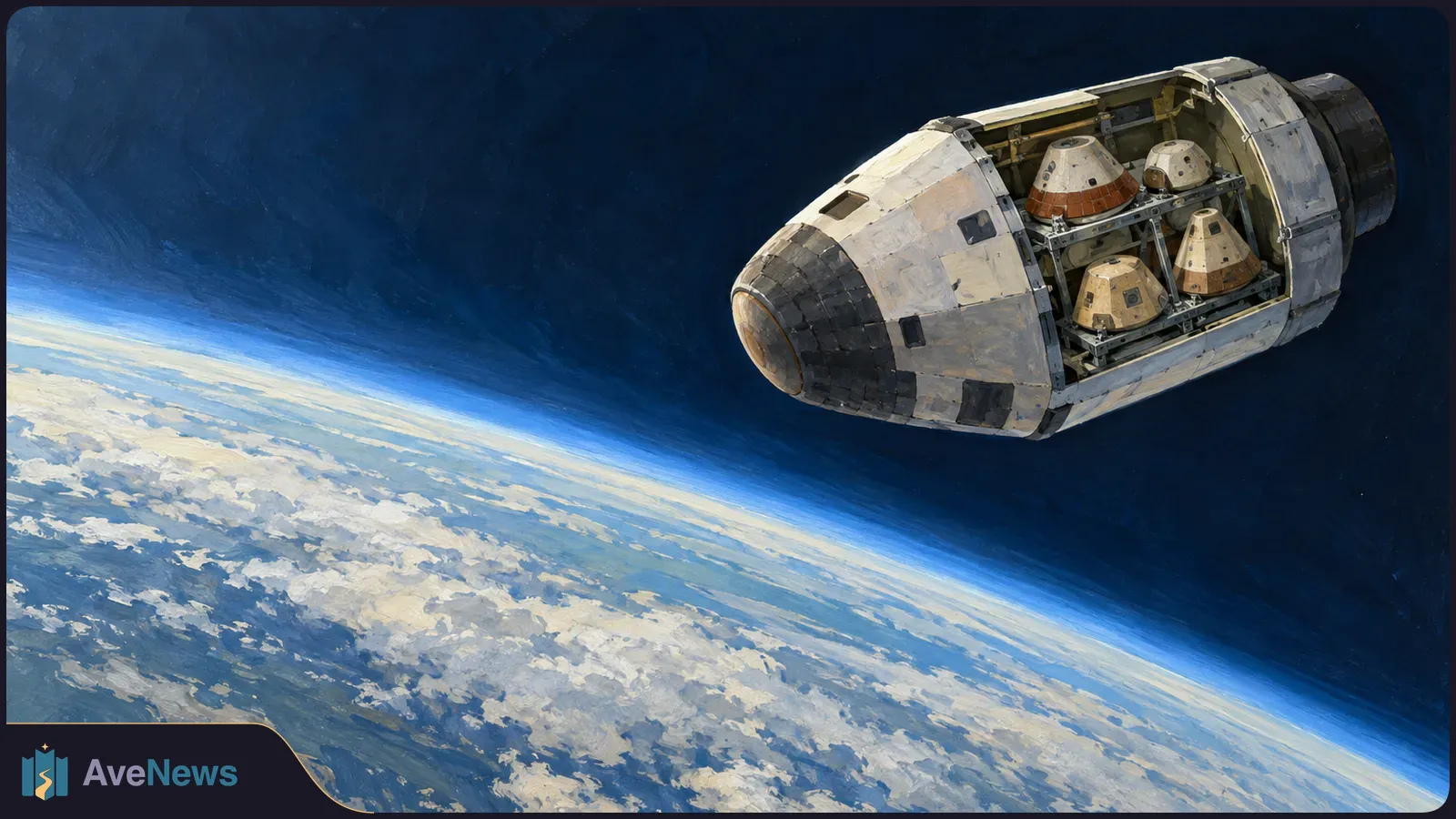 Painted illustration of a spacecraft above Earth’s curved, cloud-covered horizon, its open compartment holding several cone-shaped capsules. SI illustration
