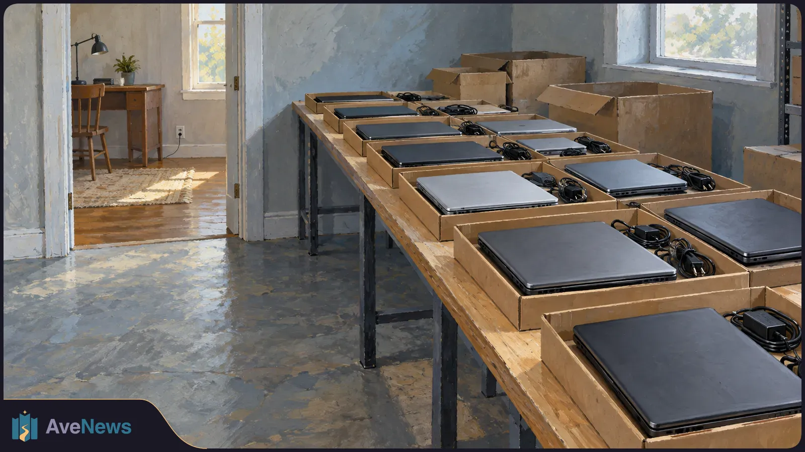 Painterly illustration of closed laptops and power cords in cardboard trays on long tables, with open boxes nearby and a desk visible through a doorway. SI illustration
