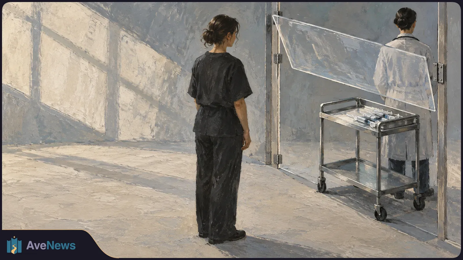 Illustration of a person in dark clothing facing a partitioned room, where a person in a white coat stands beside a wheeled tray holding syringes. SI illustration