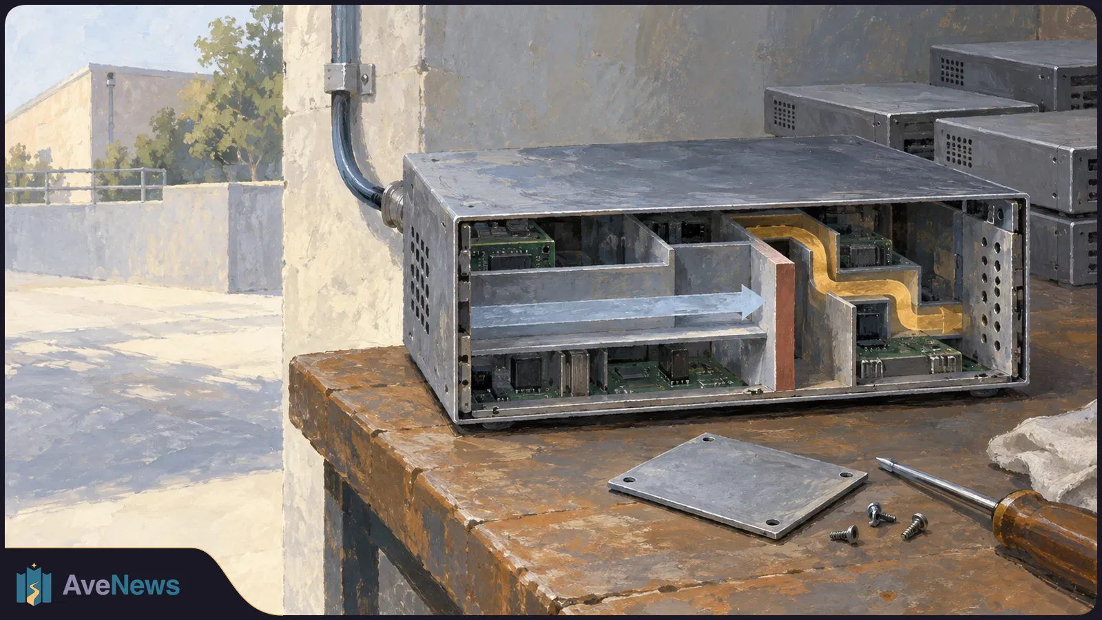 Painted illustration of an open metal electronic unit on a workbench, with exposed circuit boards, a blue arrow and a winding yellow path inside. A screwdriver and screws lie nearby. SI illustration