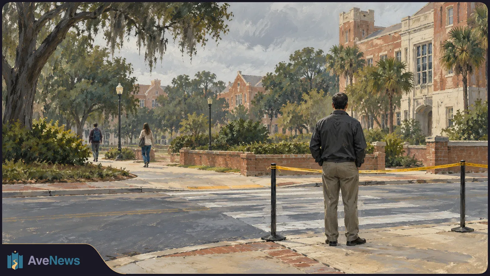 Painted scene of a tree-lined walkway beside brick buildings. Three people are seen from behind, with yellow tape strung between black posts in the foreground. SI illustration