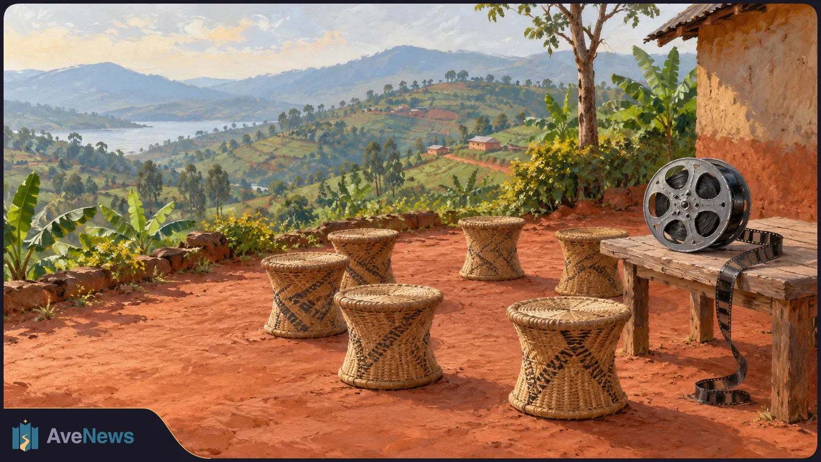 A painted rural landscape with hills and a lake. Woven stools stand on a red-earth terrace beside a wooden table holding a film reel and loose filmstrip. SI illustration