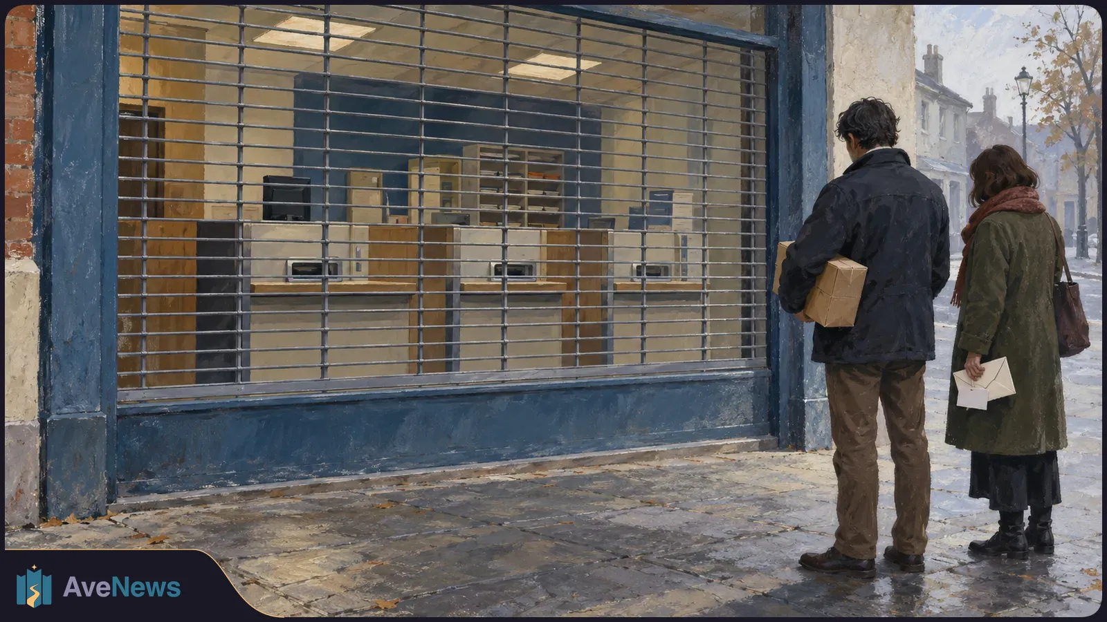Two people holding a parcel and envelopes stand outside a shuttered service counter on a wet street. SI illustration