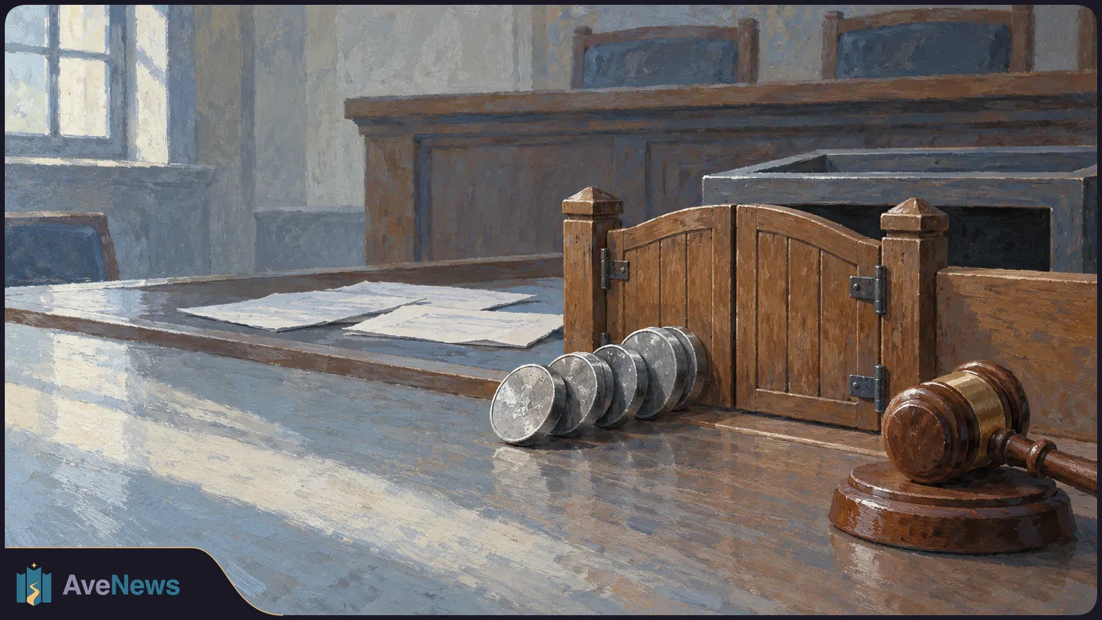 Painted courtroom scene with a wooden gavel, a stack of coins and papers on a desk beside a small wooden gate. SI illustration